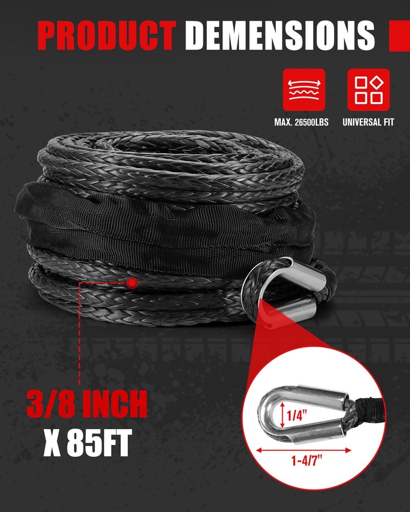 FieryRed Synthetic Winch Rope 3/8 Inch 85 FT 26500 lbs Winch Line Cable Rope with Protective Sleeve for 4WD Off Road Vehicle SUV - Image 2